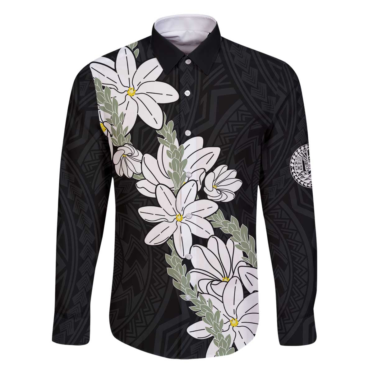 Ia Orana Tahiti Tiare Family Matching Off The Shoulder Long Sleeve Dress and Hawaiian Shirt Black Lei LT7 Dad's Shirt - Long Sleeve Black - Polynesian Pride