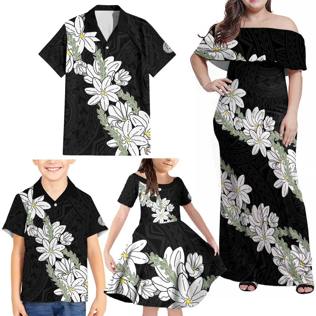Ia Orana Tahiti Tiare Family Matching Off Shoulder Maxi Dress and Hawaiian Shirt Black Lei LT7 - Polynesian Pride