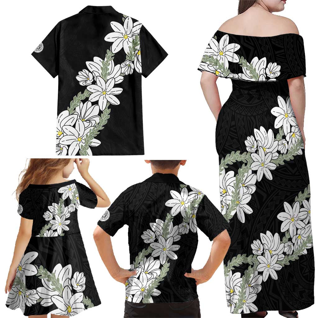 Ia Orana Tahiti Tiare Family Matching Off Shoulder Maxi Dress and Hawaiian Shirt Black Lei LT7 - Polynesian Pride