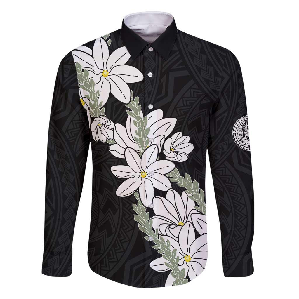 Ia Orana Tahiti Tiare Family Matching Off Shoulder Maxi Dress and Hawaiian Shirt Black Lei LT7 Dad's Shirt - Long Sleeve Black - Polynesian Pride