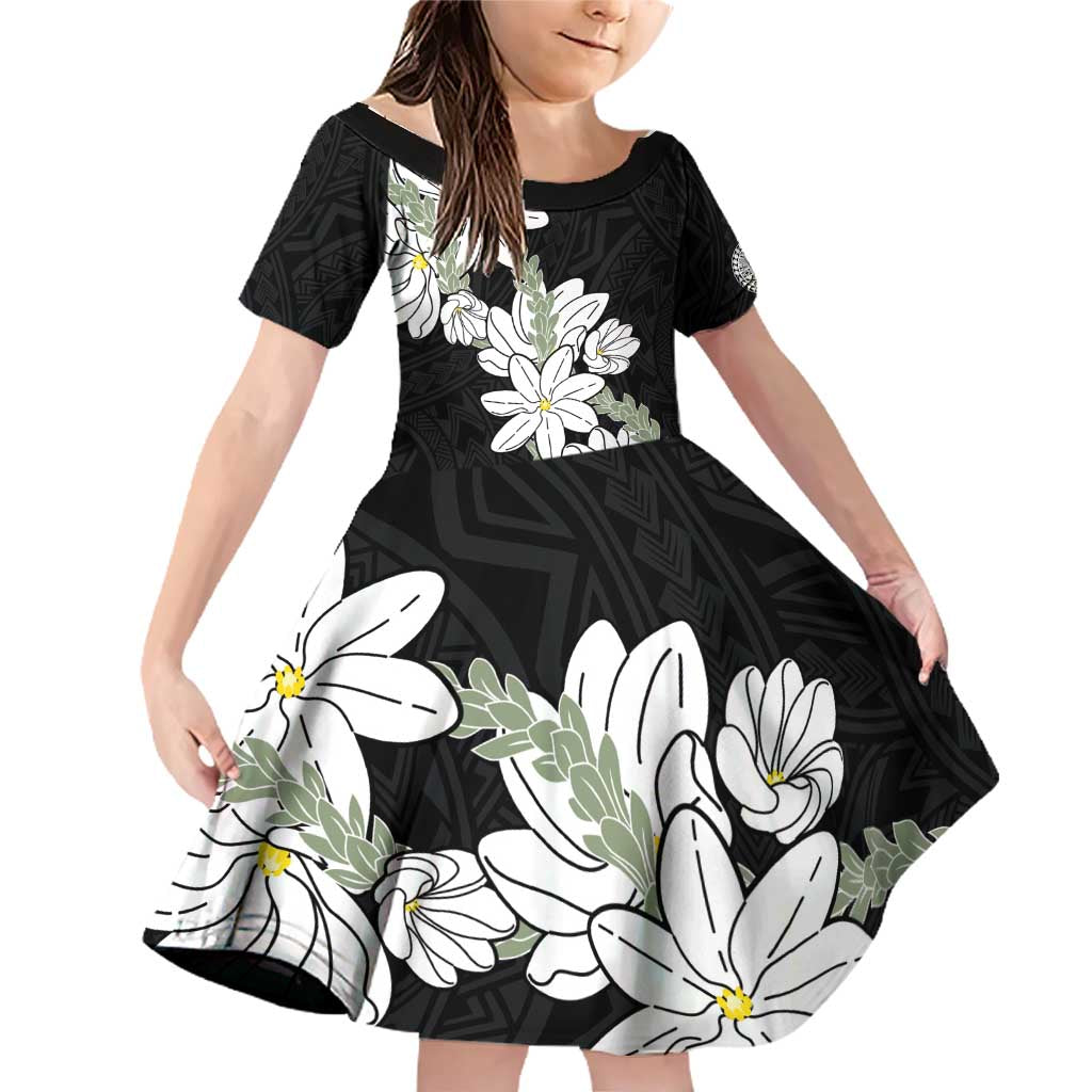 Ia Orana Tahiti Tiare Family Matching Off Shoulder Short Dress and Hawaiian Shirt Black Lei LT7 Daughter's Dress Black - Polynesian Pride