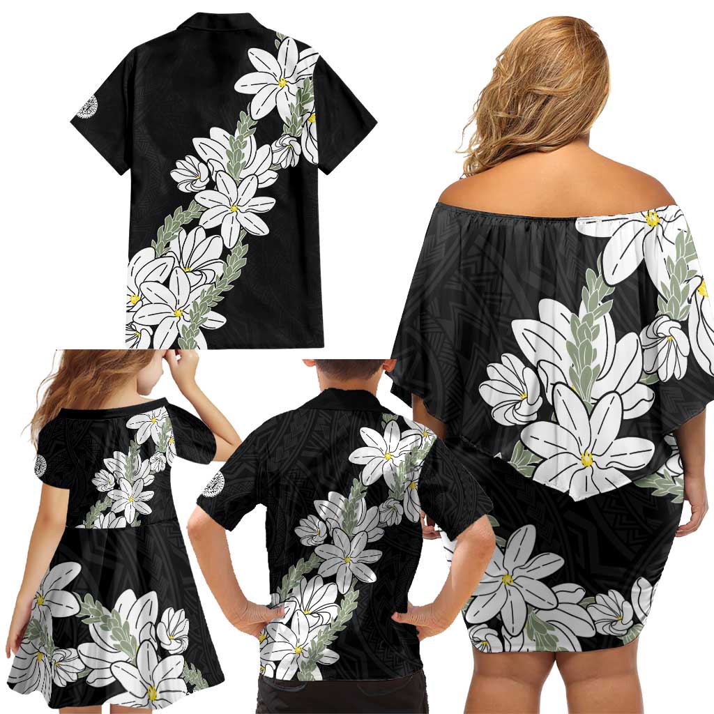 Ia Orana Tahiti Tiare Family Matching Off Shoulder Short Dress and Hawaiian Shirt Black Lei LT7 - Polynesian Pride
