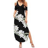 Ia Orana Tahiti Tiare Family Matching Summer Maxi Dress and Hawaiian Shirt Black Lei LT7 Mom's Dress Black - Polynesian Pride