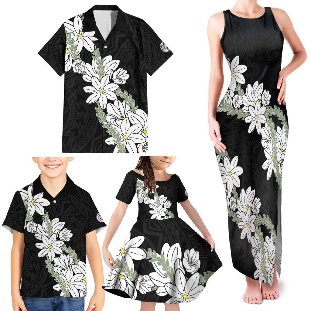 Ia Orana Tahiti Tiare Family Matching Tank Maxi Dress and Hawaiian Shirt Black Lei LT7 - Polynesian Pride