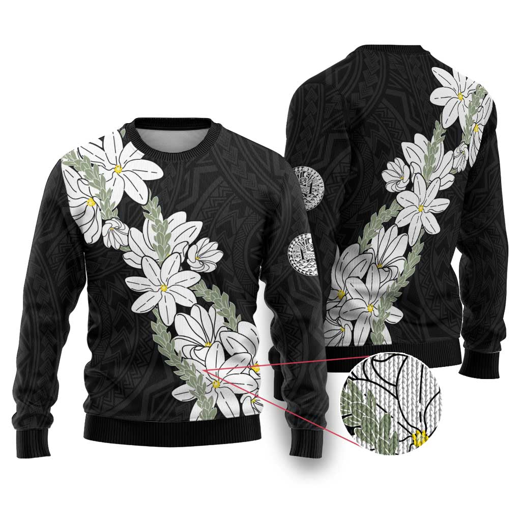 Ia Orana Tahiti Tiare Ugly Christmas Sweater Black Lei - Polynesian Pride