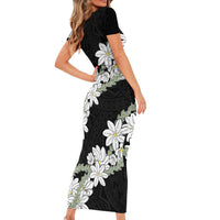 Ia Orana Tahiti Tiare Short Sleeve Bodycon Dress Black Lei - Polynesian Pride