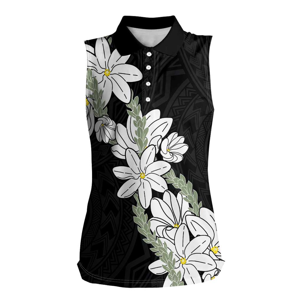 Ia Orana Tahiti Tiare Women Sleeveless Polo Shirt Black Lei LT7 Female Black - Polynesian Pride