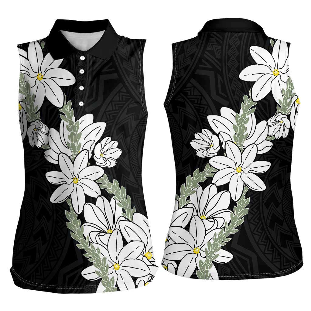 Ia Orana Tahiti Tiare Women Sleeveless Polo Shirt Black Lei LT7 - Polynesian Pride