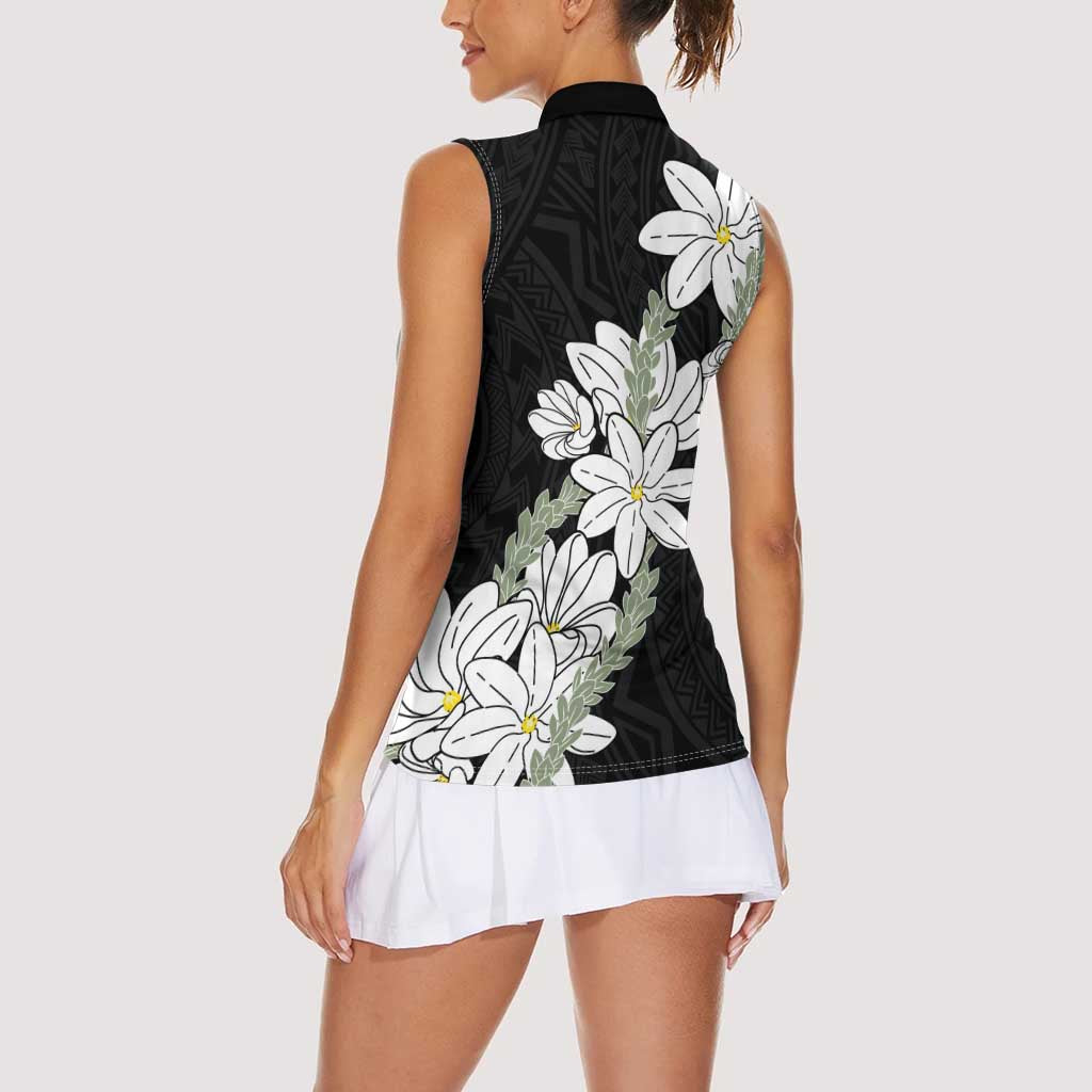 Ia Orana Tahiti Tiare Women Sleeveless Polo Shirt Black Lei LT7 - Polynesian Pride