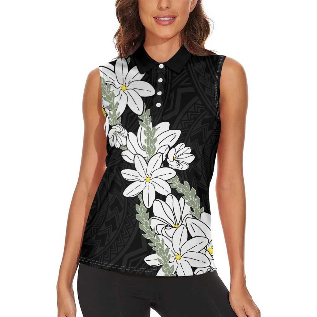 Ia Orana Tahiti Tiare Women Sleeveless Polo Shirt Black Lei LT7 - Polynesian Pride