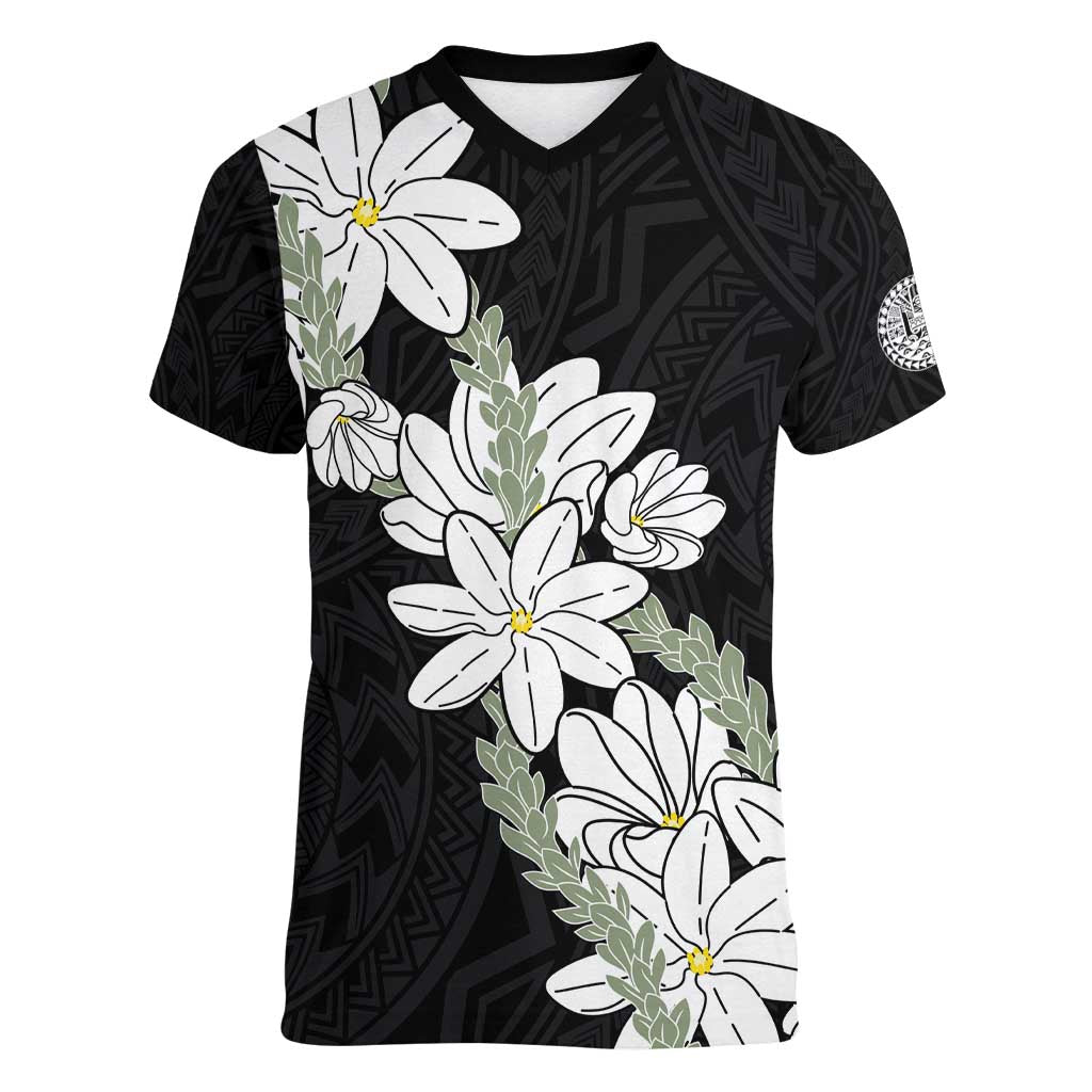 Ia Orana Tahiti Tiare Women V-Neck T-Shirt Black Lei LT7 Female Black - Polynesian Pride