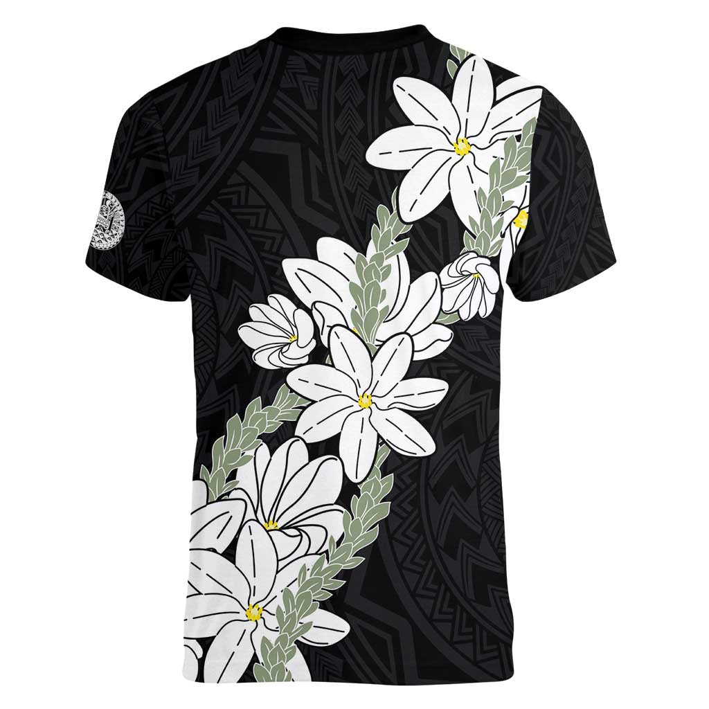 Ia Orana Tahiti Tiare Women V-Neck T-Shirt Black Lei LT7 - Polynesian Pride