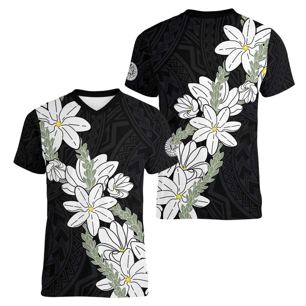 Ia Orana Tahiti Tiare Women V-Neck T-Shirt Black Lei LT7 - Polynesian Pride