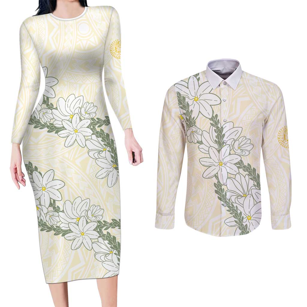 Ia Orana Tahiti Tiare Couples Matching Long Sleeve Bodycon Dress and Long Sleeve Button Shirt Lemon Yellow Lei LT7 Lemon - Polynesian Pride