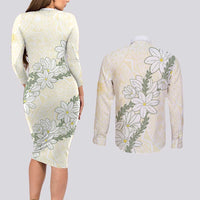 Ia Orana Tahiti Tiare Couples Matching Long Sleeve Bodycon Dress and Long Sleeve Button Shirt Lemon Yellow Lei LT7 - Polynesian Pride