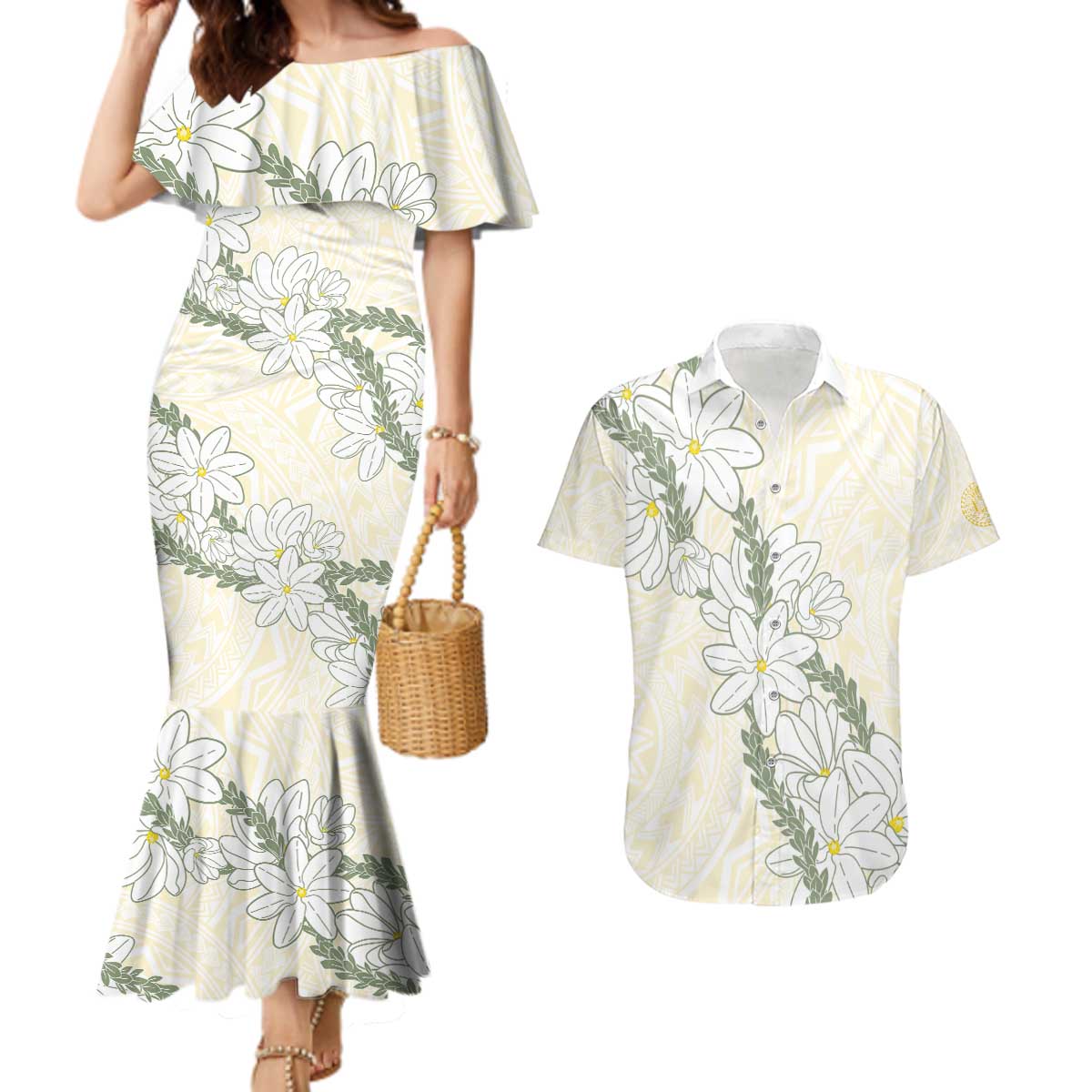 Ia Orana Tahiti Tiare Couples Matching Mermaid Dress and Hawaiian Shirt Lemon Yellow Lei - Polynesian Pride
