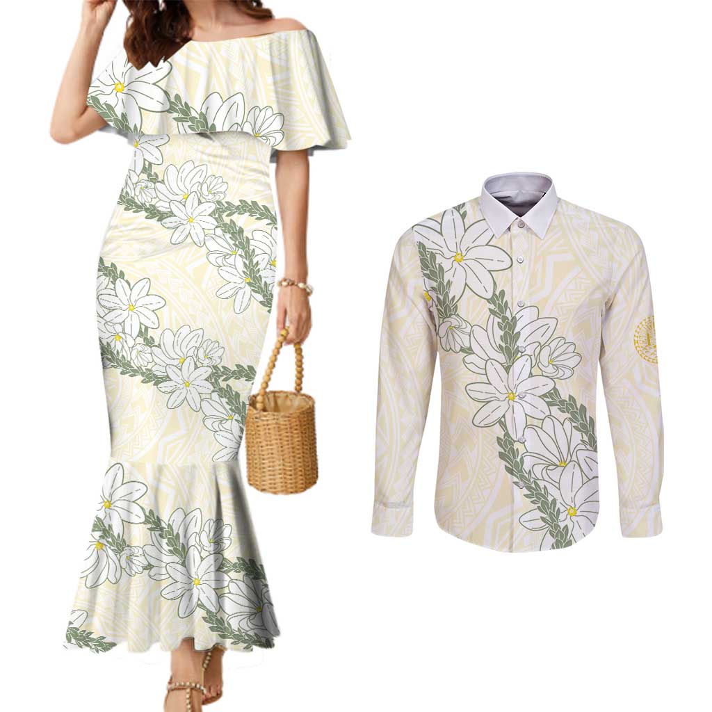 Ia Orana Tahiti Tiare Couples Matching Mermaid Dress and Long Sleeve Button Shirt Lemon Yellow Lei LT7 Lemon - Polynesian Pride