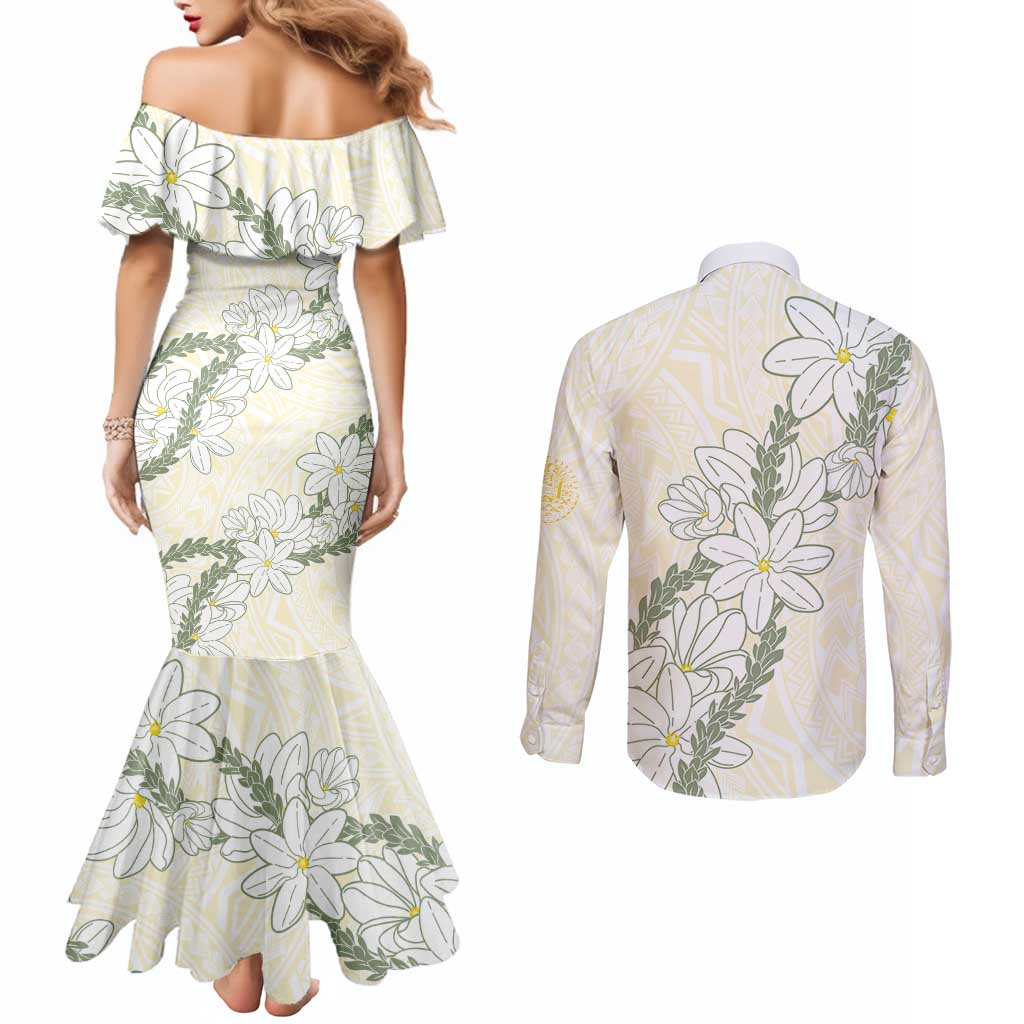 Ia Orana Tahiti Tiare Couples Matching Mermaid Dress and Long Sleeve Button Shirt Lemon Yellow Lei LT7 - Polynesian Pride
