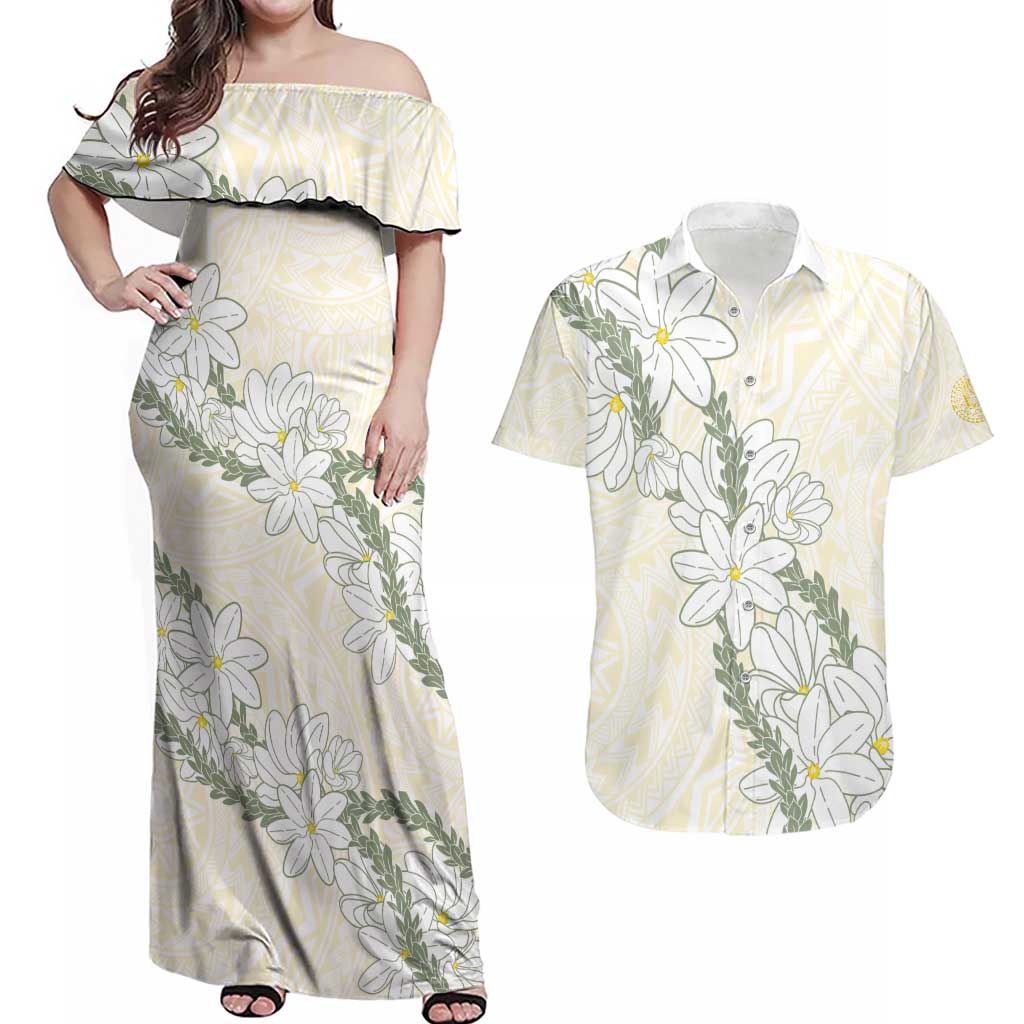 Ia Orana Tahiti Tiare Couples Matching Off Shoulder Maxi Dress and Hawaiian Shirt Lemon Yellow Lei LT7 Lemon - Polynesian Pride