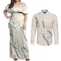 Ia Orana Tahiti Tiare Couples Matching Off Shoulder Maxi Dress and Long Sleeve Button Shirt Lemon Yellow Lei LT7 Lemon - Polynesian Pride