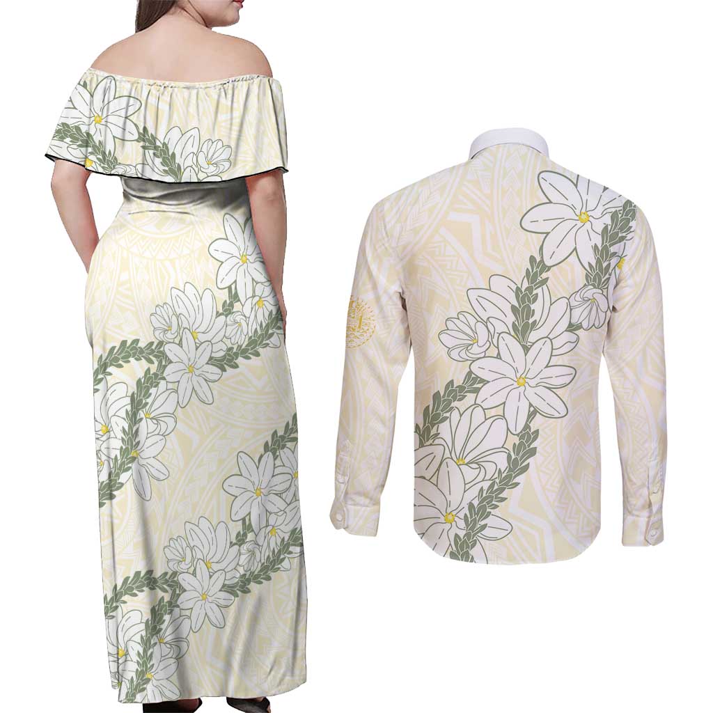 Ia Orana Tahiti Tiare Couples Matching Off Shoulder Maxi Dress and Long Sleeve Button Shirt Lemon Yellow Lei LT7 - Polynesian Pride