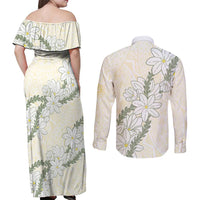 Ia Orana Tahiti Tiare Couples Matching Off Shoulder Maxi Dress and Long Sleeve Button Shirt Lemon Yellow Lei LT7 - Polynesian Pride