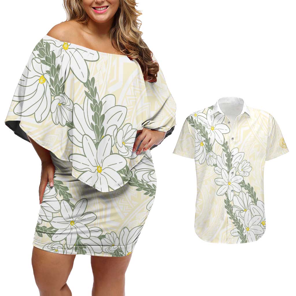 Ia Orana Tahiti Tiare Couples Matching Off Shoulder Short Dress and Hawaiian Shirt Lemon Yellow Lei LT7 Lemon - Polynesian Pride