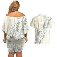 Ia Orana Tahiti Tiare Couples Matching Off Shoulder Short Dress and Hawaiian Shirt Lemon Yellow Lei LT7 - Polynesian Pride