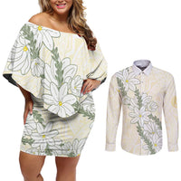 Ia Orana Tahiti Tiare Couples Matching Off Shoulder Short Dress and Long Sleeve Button Shirt Lemon Yellow Lei LT7 Lemon - Polynesian Pride
