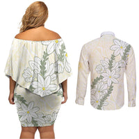 Ia Orana Tahiti Tiare Couples Matching Off Shoulder Short Dress and Long Sleeve Button Shirt Lemon Yellow Lei LT7 - Polynesian Pride