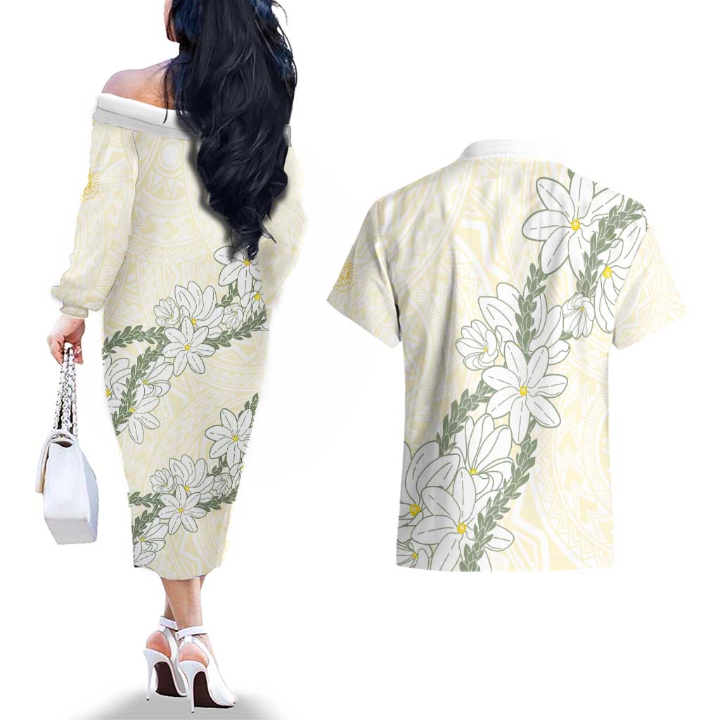 Ia Orana Tahiti Tiare Couples Matching Off The Shoulder Long Sleeve Dress and Hawaiian Shirt Lemon Yellow Lei LT7 - Polynesian Pride