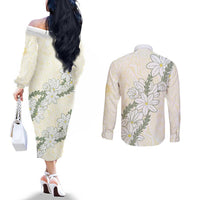 Ia Orana Tahiti Tiare Couples Matching Off The Shoulder Long Sleeve Dress and Long Sleeve Button Shirt Lemon Yellow Lei LT7 - Polynesian Pride