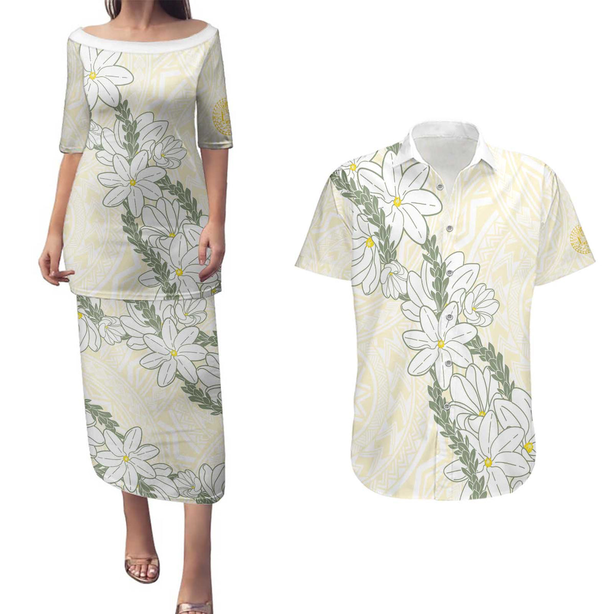 Ia Orana Tahiti Tiare Couples Matching Puletasi and Hawaiian Shirt Lemon Yellow Lei LT7 Lemon - Polynesian Pride