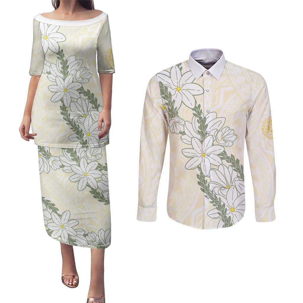 Ia Orana Tahiti Tiare Couples Matching Puletasi and Long Sleeve Button Shirt Lemon Yellow Lei LT7 Lemon - Polynesian Pride