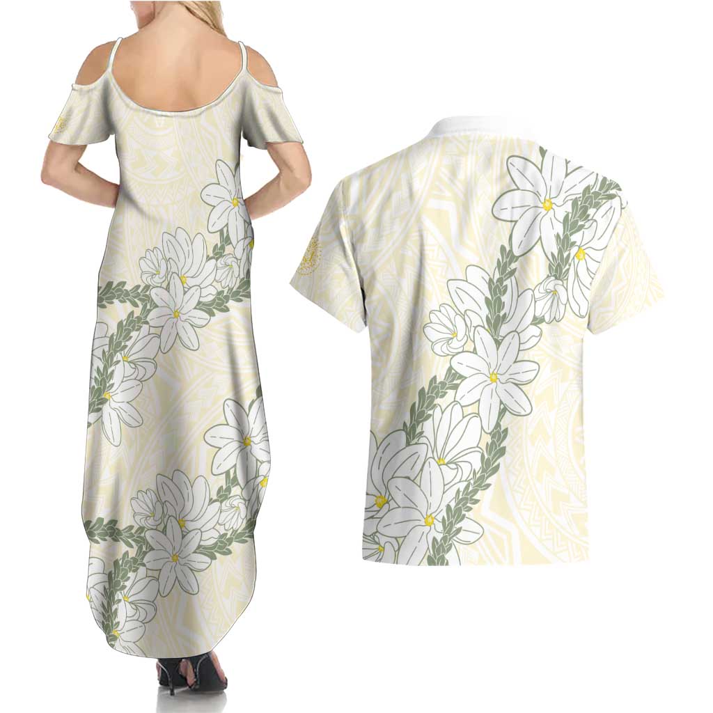 Ia Orana Tahiti Tiare Couples Matching Summer Maxi Dress and Hawaiian Shirt Lemon Yellow Lei LT7 - Polynesian Pride