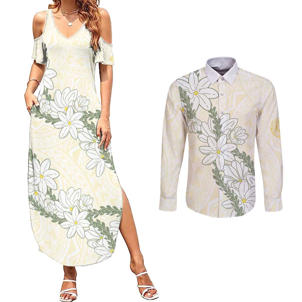 Ia Orana Tahiti Tiare Couples Matching Summer Maxi Dress and Long Sleeve Button Shirt Lemon Yellow Lei LT7 Lemon - Polynesian Pride