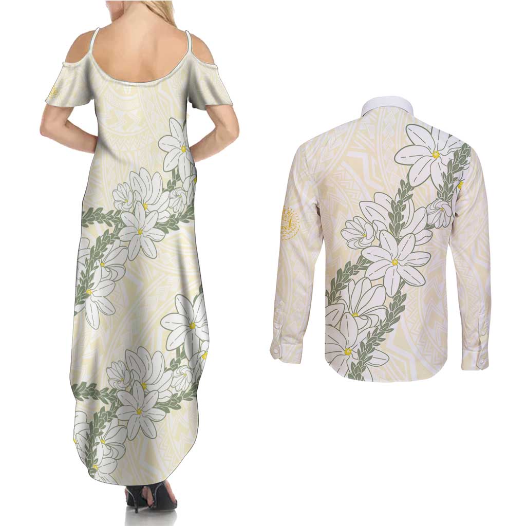 Ia Orana Tahiti Tiare Couples Matching Summer Maxi Dress and Long Sleeve Button Shirt Lemon Yellow Lei LT7 - Polynesian Pride