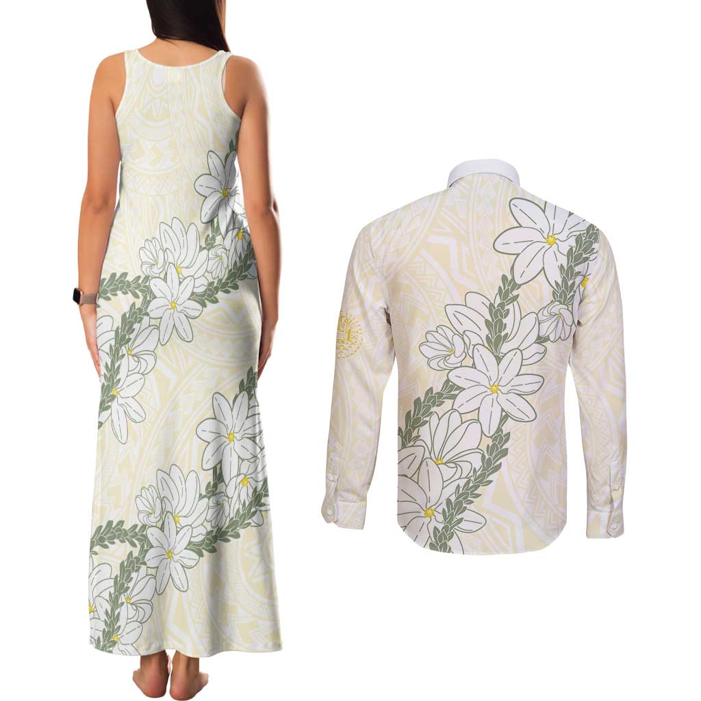 Ia Orana Tahiti Tiare Couples Matching Tank Maxi Dress and Long Sleeve Button Shirt Lemon Yellow Lei LT7 - Polynesian Pride