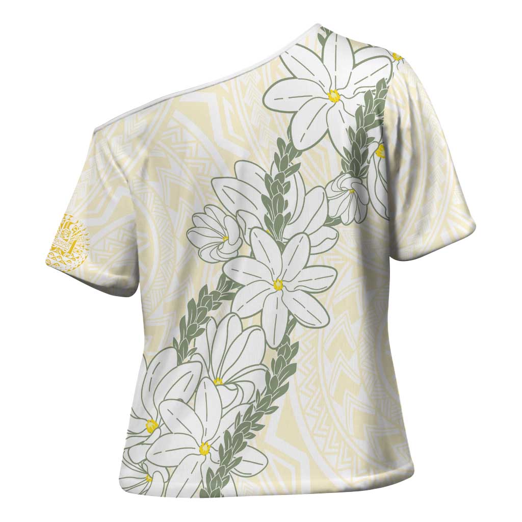 Ia Orana Tahiti Tiare Cross Shoulder Shirt Lemon Yellow Lei LT7 - Polynesian Pride
