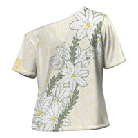 Ia Orana Tahiti Tiare Cross Shoulder Shirt Lemon Yellow Lei LT7 - Polynesian Pride