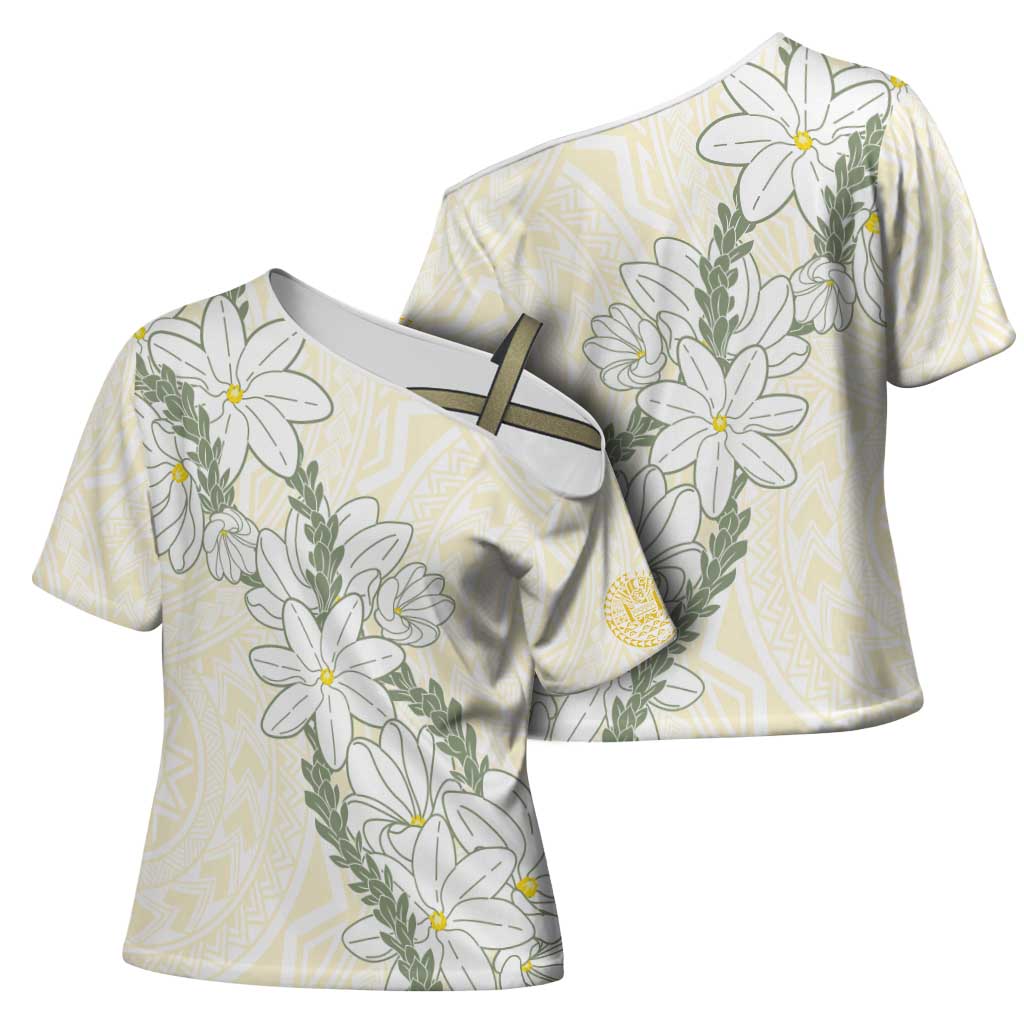 Ia Orana Tahiti Tiare Cross Shoulder Shirt Lemon Yellow Lei LT7 - Polynesian Pride