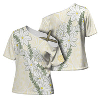 Ia Orana Tahiti Tiare Cross Shoulder Shirt Lemon Yellow Lei LT7 - Polynesian Pride