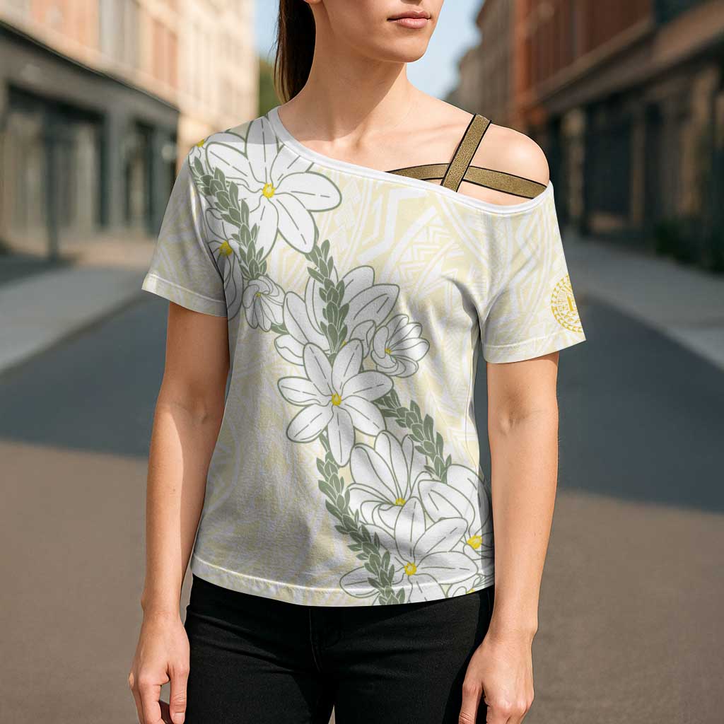 Ia Orana Tahiti Tiare Cross Shoulder Shirt Lemon Yellow Lei LT7 - Polynesian Pride