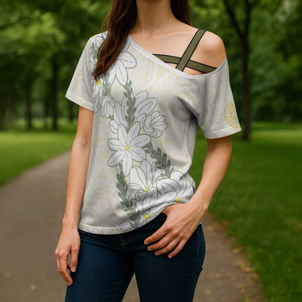 Ia Orana Tahiti Tiare Cross Shoulder Shirt Lemon Yellow Lei LT7 - Polynesian Pride