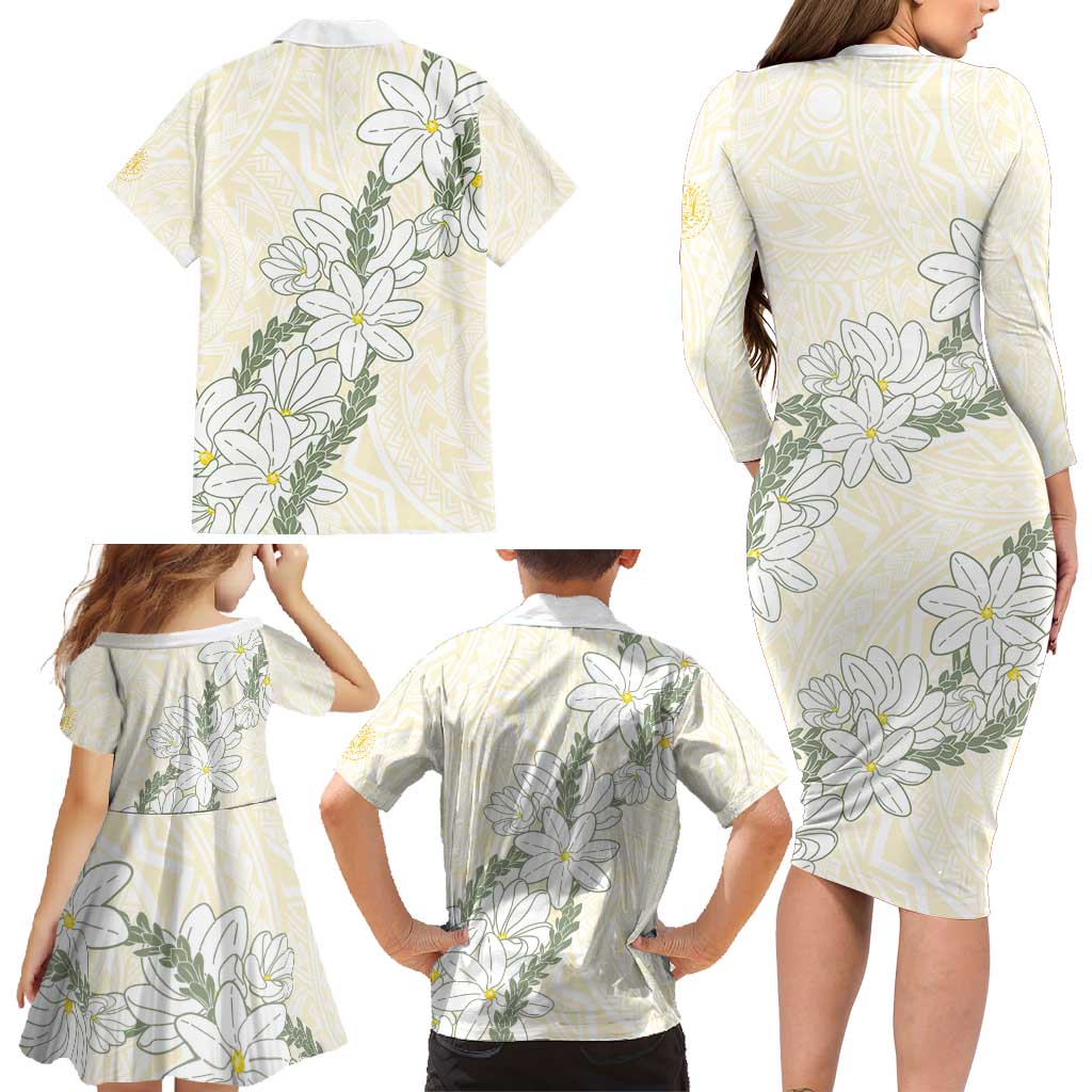 Ia Orana Tahiti Tiare Family Matching Long Sleeve Bodycon Dress and Hawaiian Shirt Lemon Yellow Lei LT7 - Polynesian Pride