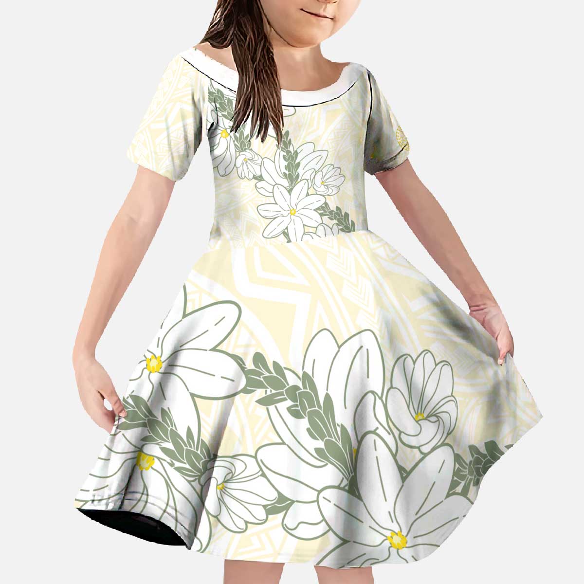 Ia Orana Tahiti Tiare Family Matching Off The Shoulder Long Sleeve Dress and Hawaiian Shirt Lemon Yellow Lei LT7 Daughter's Dress Lemon - Polynesian Pride