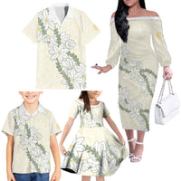 Ia Orana Tahiti Tiare Family Matching Off The Shoulder Long Sleeve Dress and Hawaiian Shirt Lemon Yellow Lei LT7 - Polynesian Pride