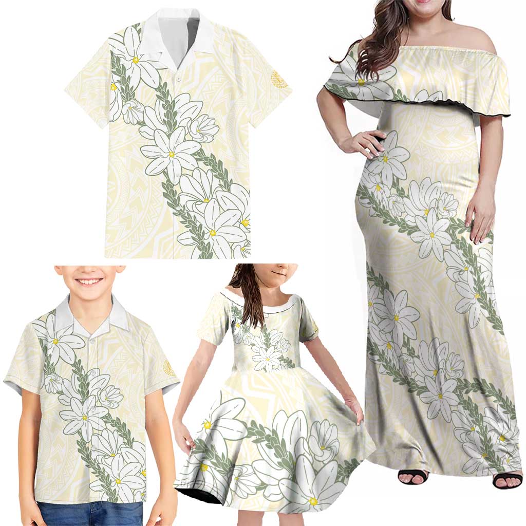 Ia Orana Tahiti Tiare Family Matching Off Shoulder Maxi Dress and Hawaiian Shirt Lemon Yellow Lei LT7 - Polynesian Pride