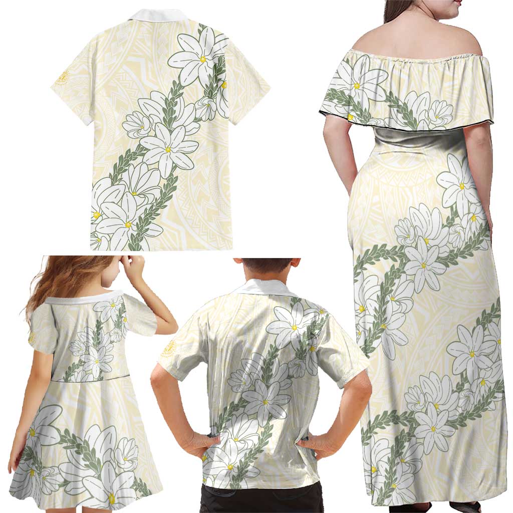 Ia Orana Tahiti Tiare Family Matching Off Shoulder Maxi Dress and Hawaiian Shirt Lemon Yellow Lei LT7 - Polynesian Pride
