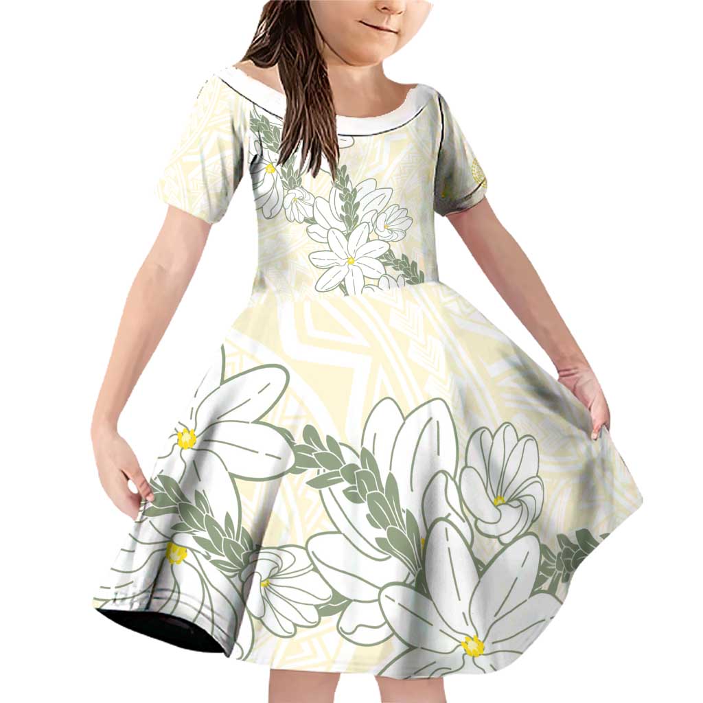 Ia Orana Tahiti Tiare Family Matching Off Shoulder Short Dress and Hawaiian Shirt Lemon Yellow Lei LT7 Daughter's Dress Lemon - Polynesian Pride